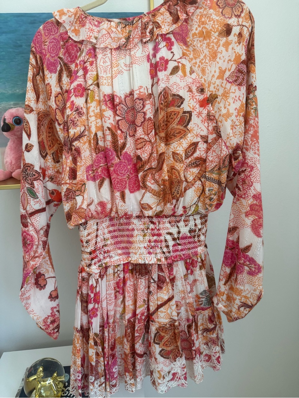 HEMANT & NANDITA Pink & Orange Floral Smocked-Waist Mini Dress